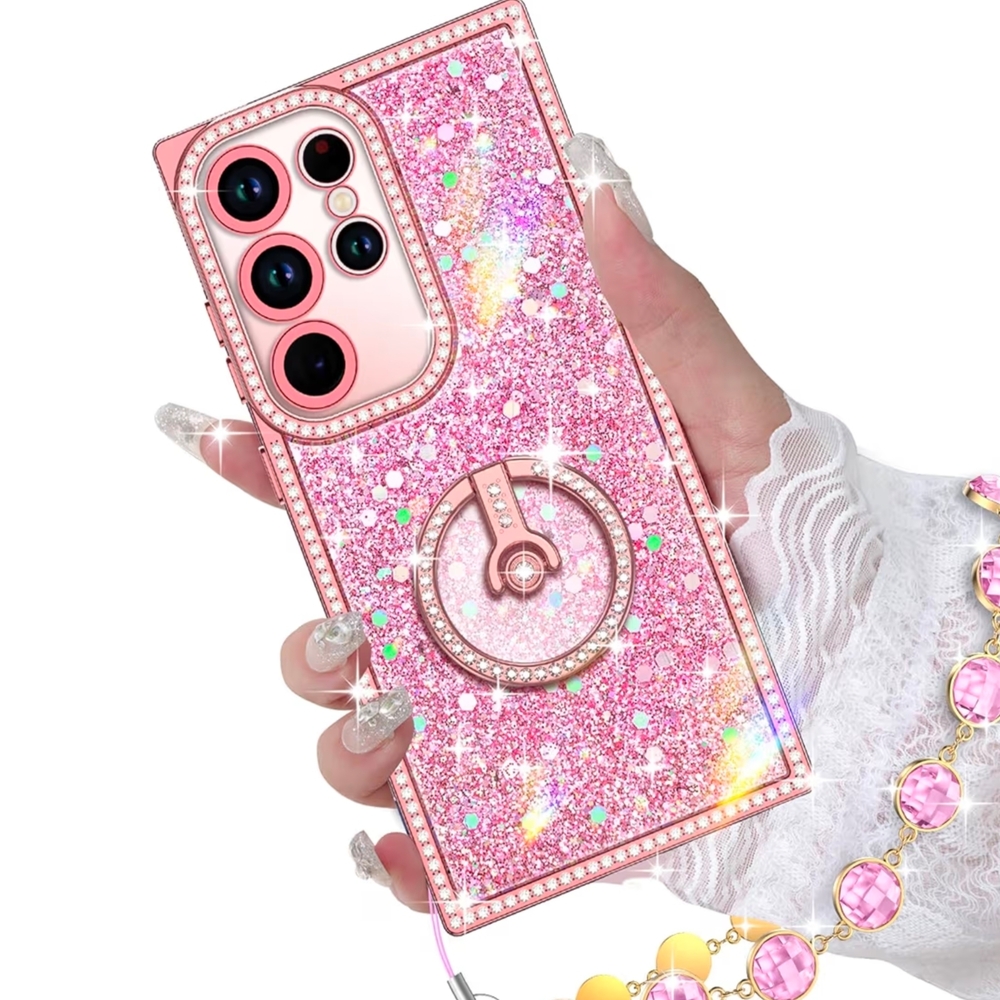 Samsung Galaxy S25 Ultra Phone Case Pink Holographic Glitter Rhinestones